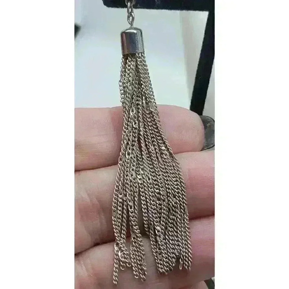 Vintage Multi Chain Tassel Fancy Silver Necklace Earrings Set Long 1970s Dangle - Picture 9 of 10